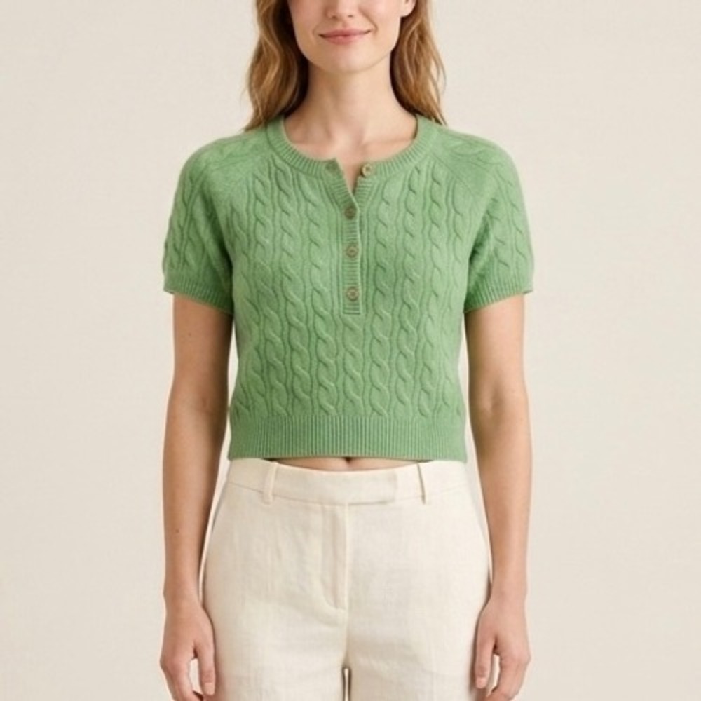 J.Crew 100% Cashmere Cable Knit Henley Short Sleeve Cropped Sweater Green Small